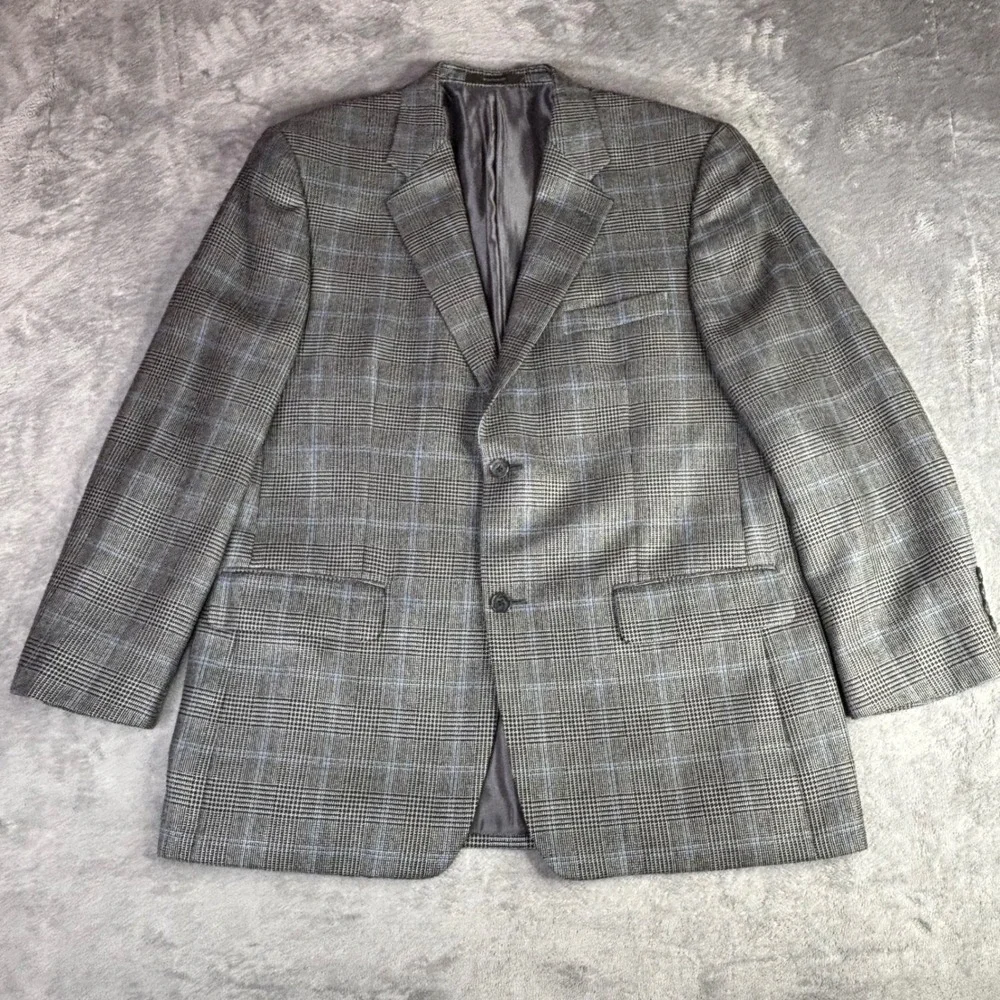 Tasso Elba Sport Coat Men 42R Grey Blue Silk Camel Hair Glen Plaid Blazer Jacket